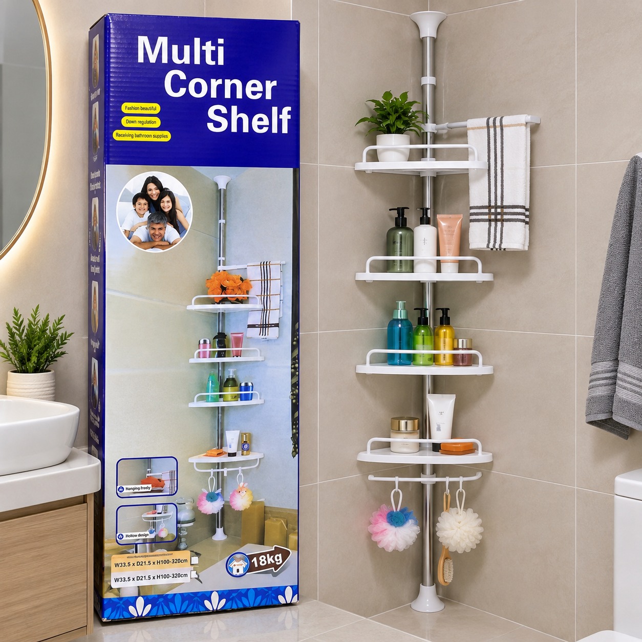 ORGANIZADOR ESQUINERO PARA BAÑO – 4 REPISAS CON SISTEMA DE TENSIÓN